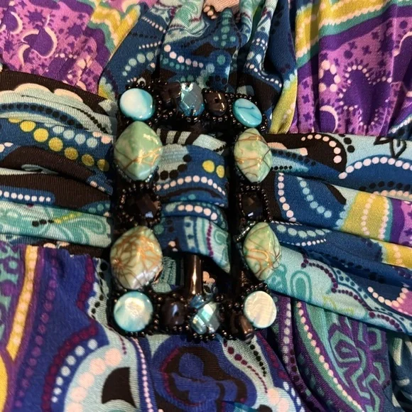 Bisou Bisou silky stretch ruched strap & empire waistband bead buckle maxi. Sz 4 - Picture 9 of 9